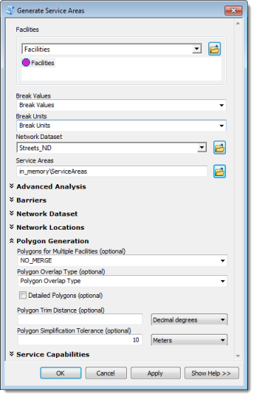 Generate Service Areas dialog box Generate Service Areas dialog box